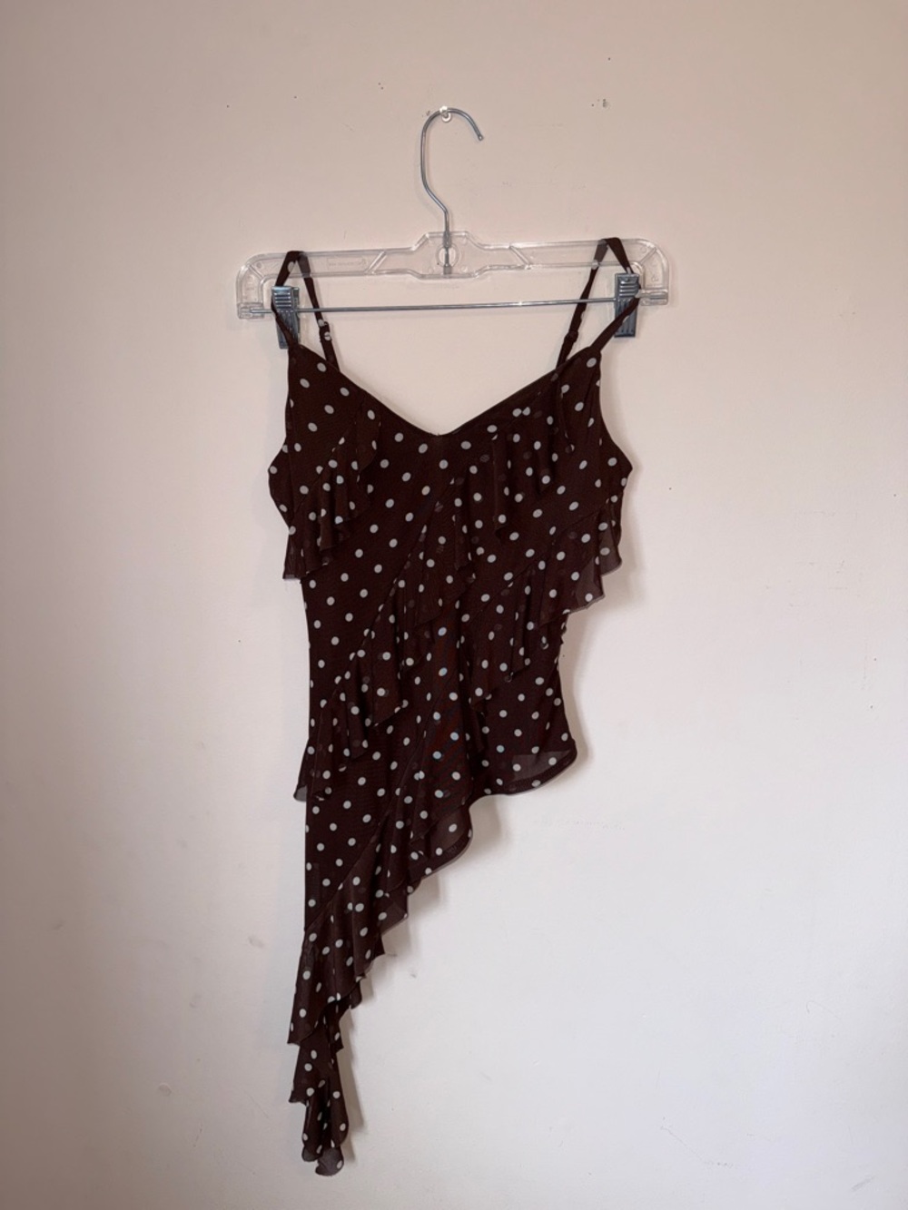 Asymmetrical Brown Polka Dot Ruffle Cami
